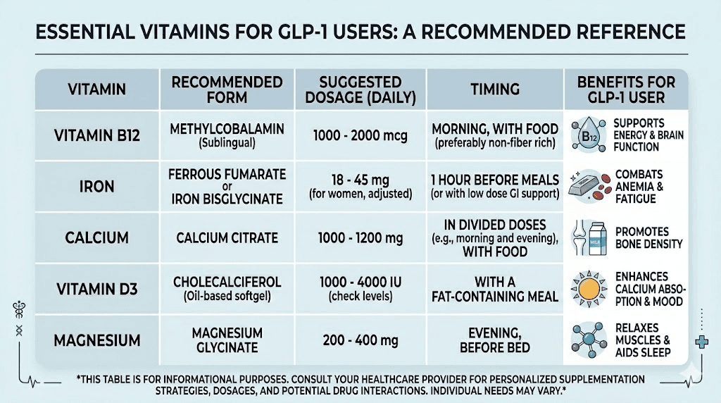 Essential vitamin supplementation chart for GLP-1 medication users with dosages and timing