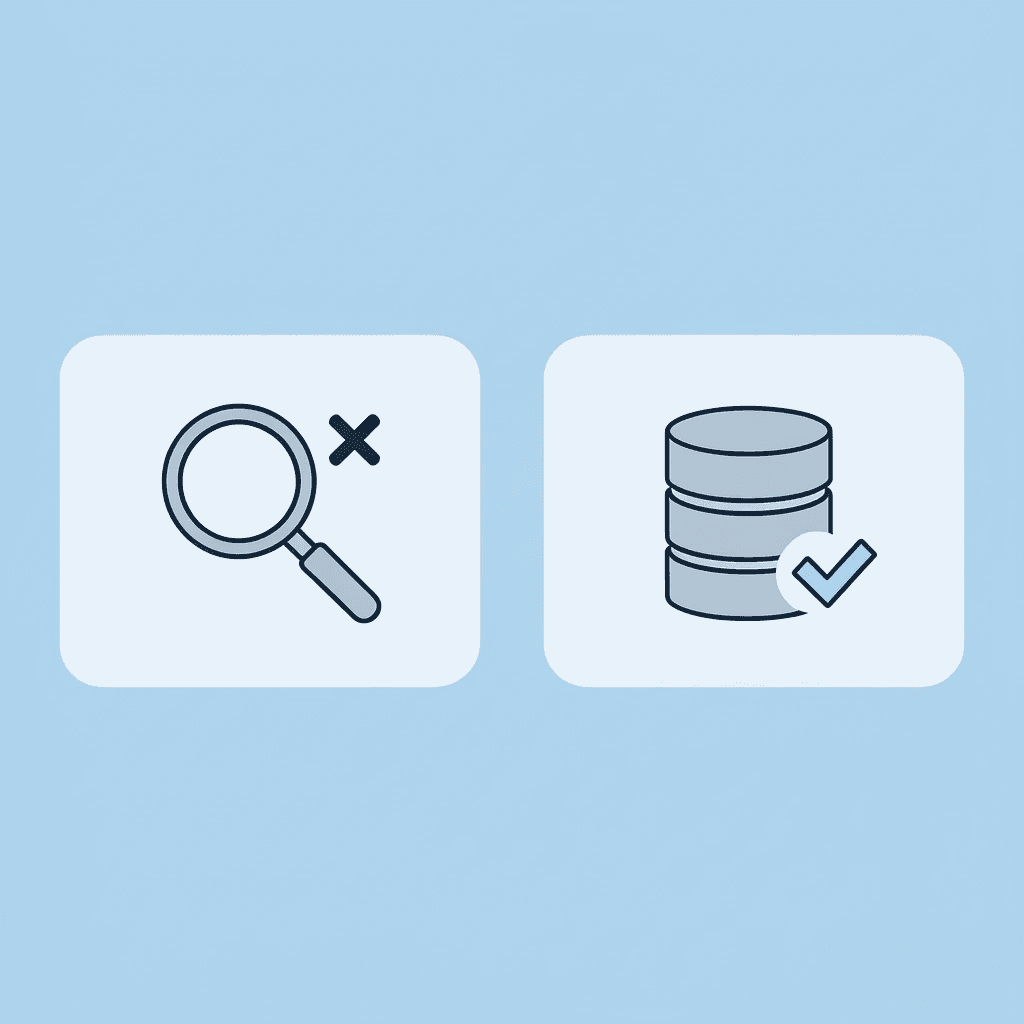 Comparison showing manual unstructured research on the left with an X mark versus systematic structured research on the right with a checkmark