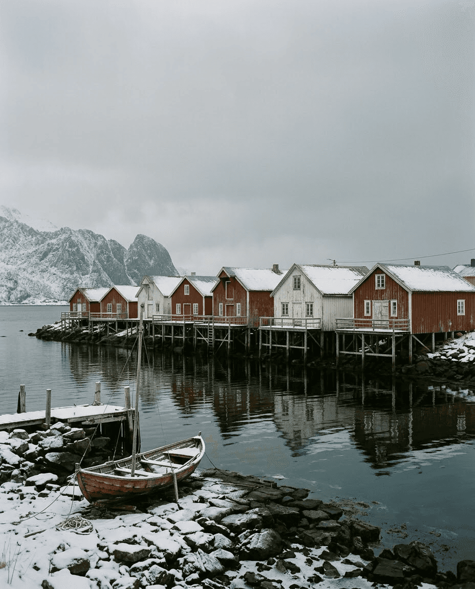 Red and white wooden fishermen’s houses on stilts above dark water in winter