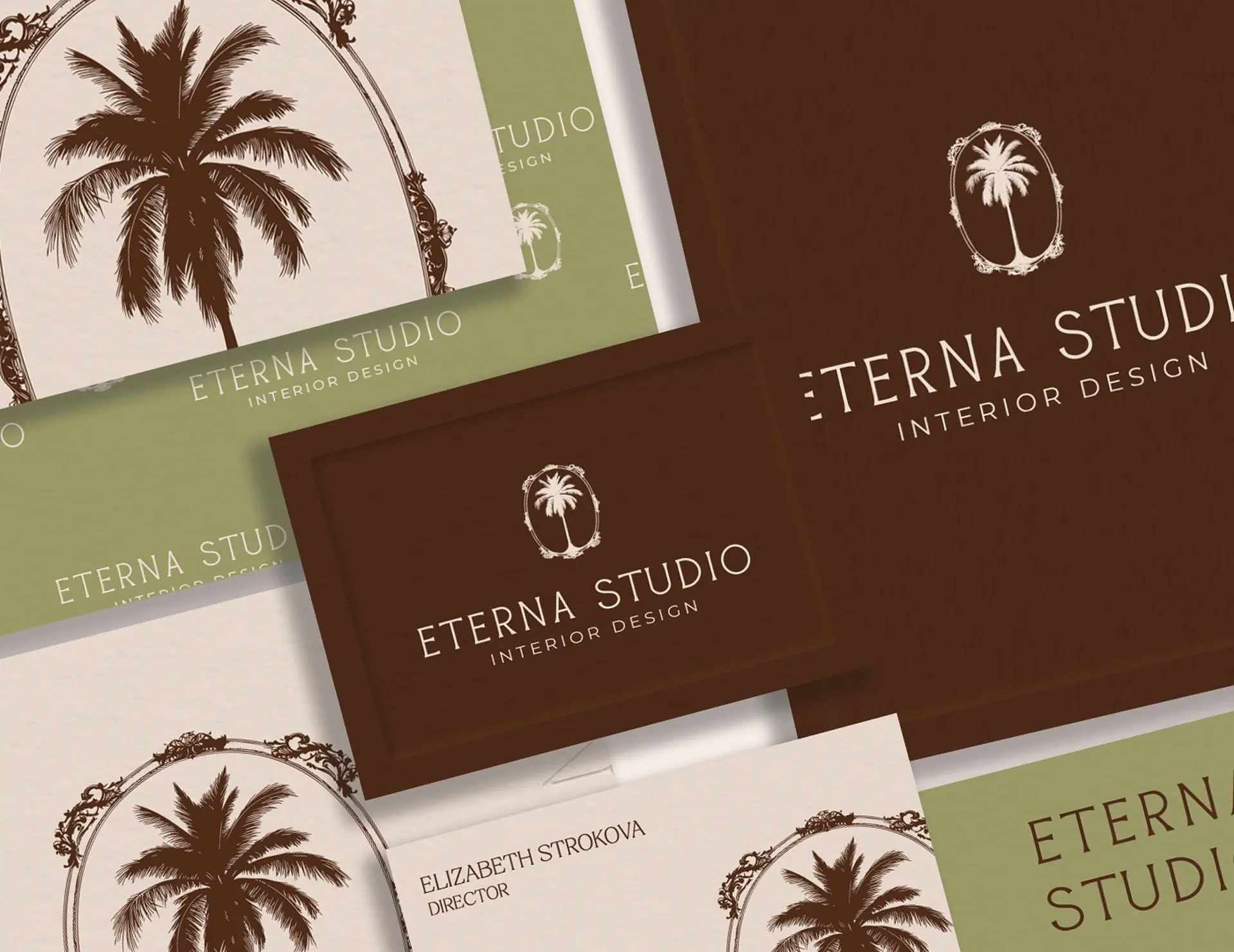 Brand collateral design for Eterna Studio interior design showing business cards and stationery across brand color palette