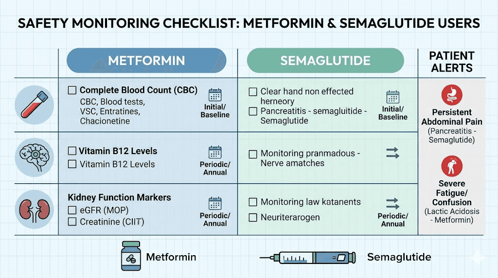 Safety monitoring checklist for metformin and semaglutide combination