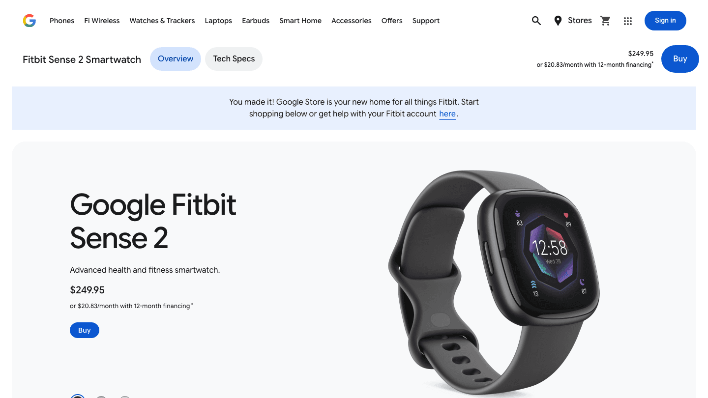 Fitbit Sense 2 smartwatch on Google Store at $249.95
