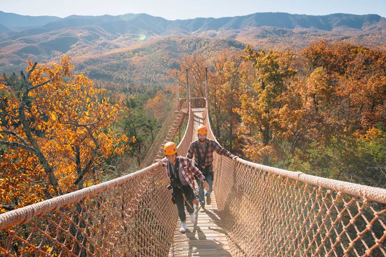Two zipliners journey across the rope bridge high atop the fall colored trees of the Smokies.