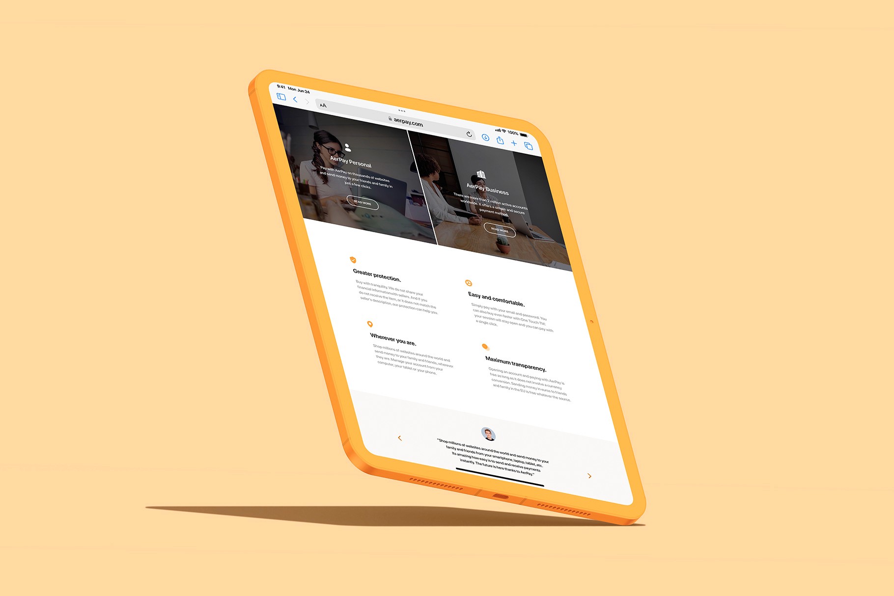 Vibrant iPad Pro mockup in a custom orange frame, featuring a website design and a dynamic floating effect.