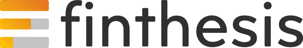 Logo Finthesis avec trois barres dégradées orange et grise.
