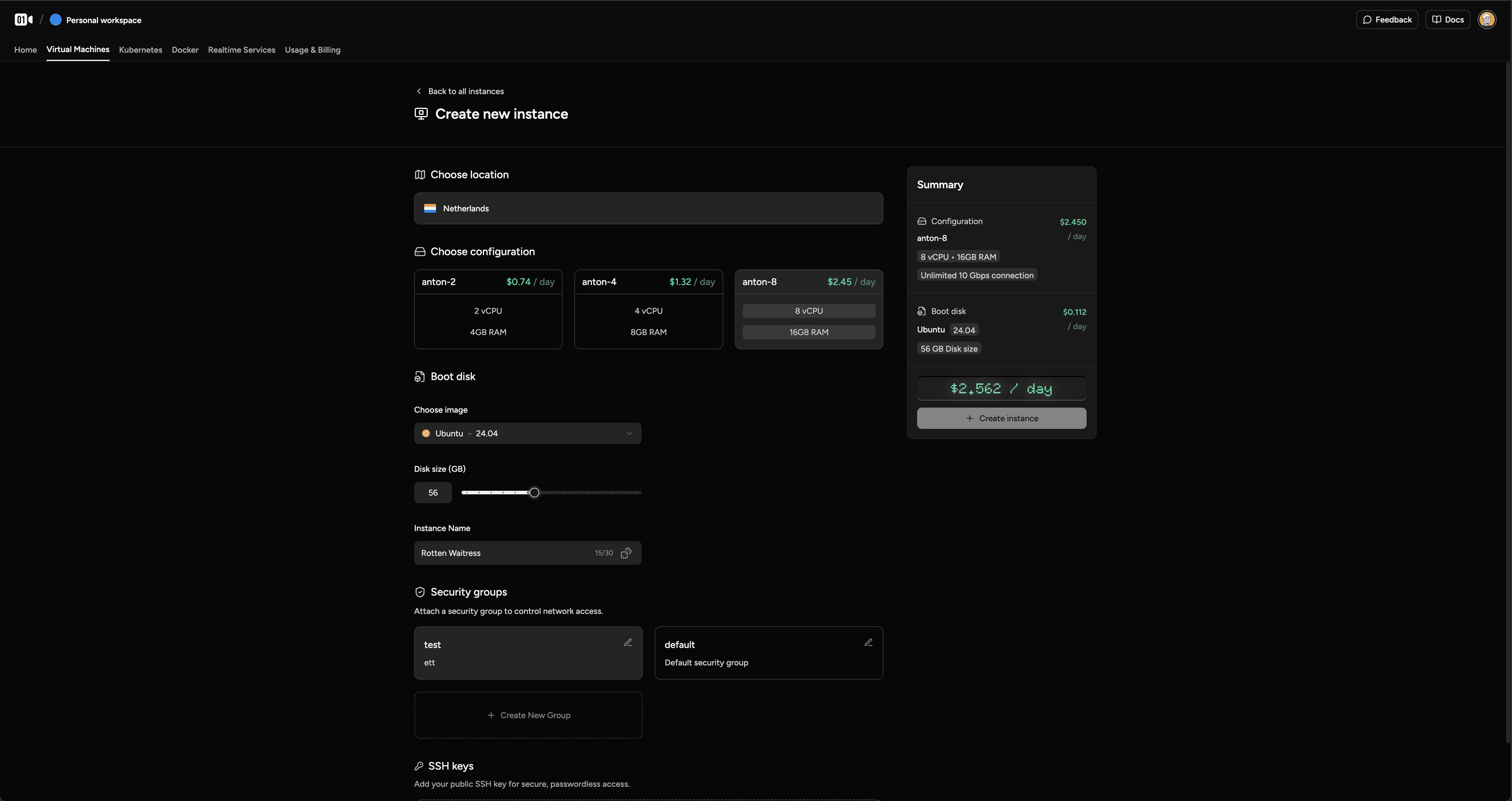 Huddle01 Cloud Dashboard virtual machine page screenshot