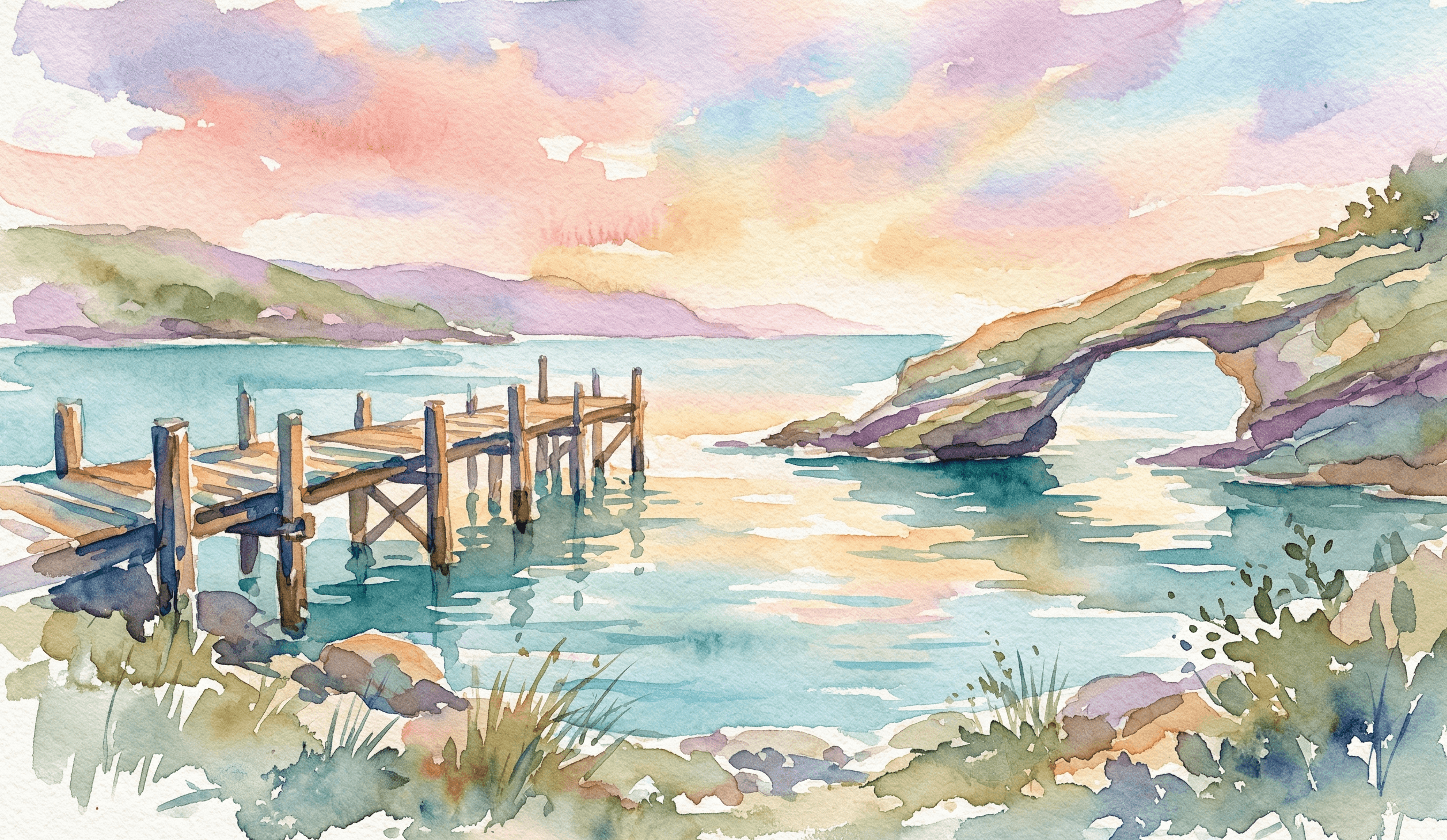 Watercolor bay with a wooden pier and rock bridge reaching toward each other