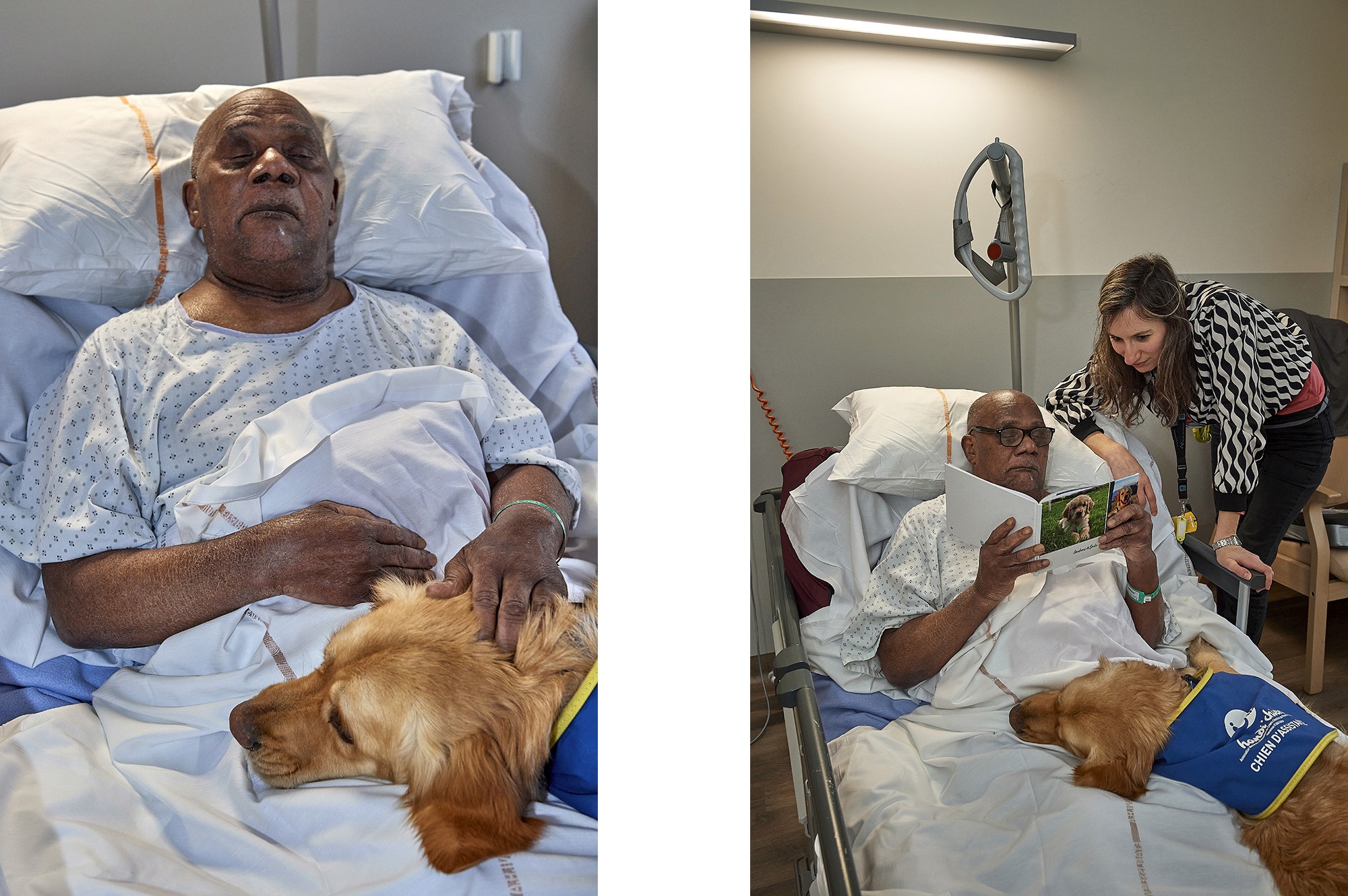 Moments de quiétude. Héloïse montre un livre de Saïko lorsqu’il était en formation avec Handi’chiens