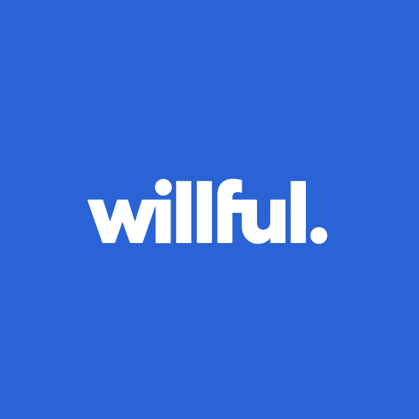 White Willful logo on a blue background.