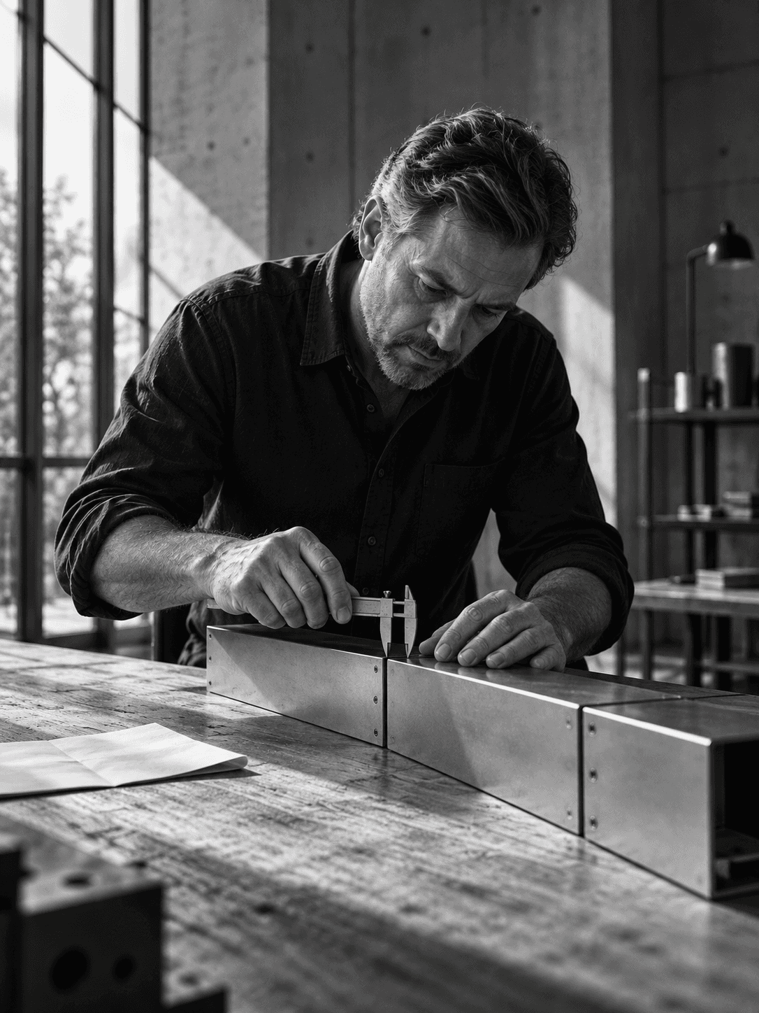 Black-and-white editorial photograph of a man using a caliper to check a metal assembly joint at a workbench.
