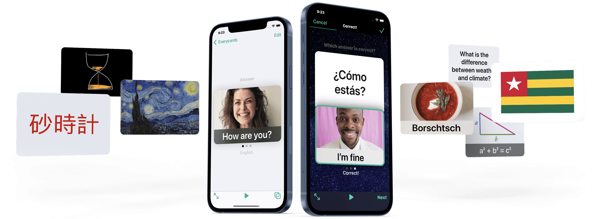 Two iPhones stand as if on a stage, and study cards fly around them.