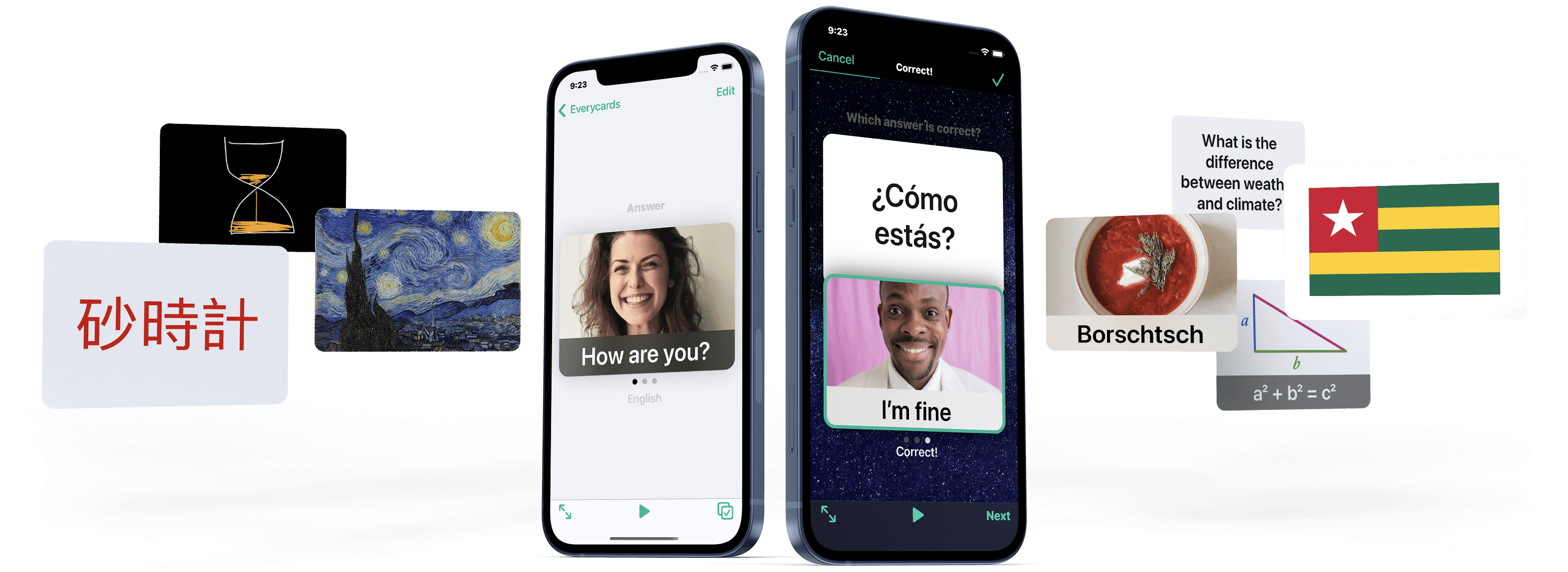 Two iPhones stand as if on a stage, and study cards fly around them.