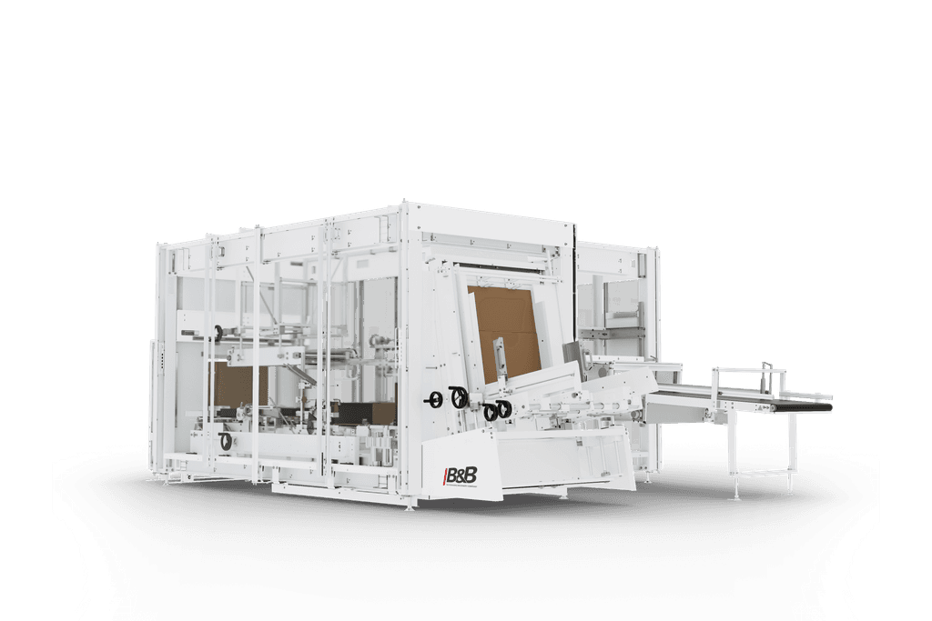 Industriemaschine in Weiß, Fabrikausstattung für Verpackung und Logistik. Roboterarm.