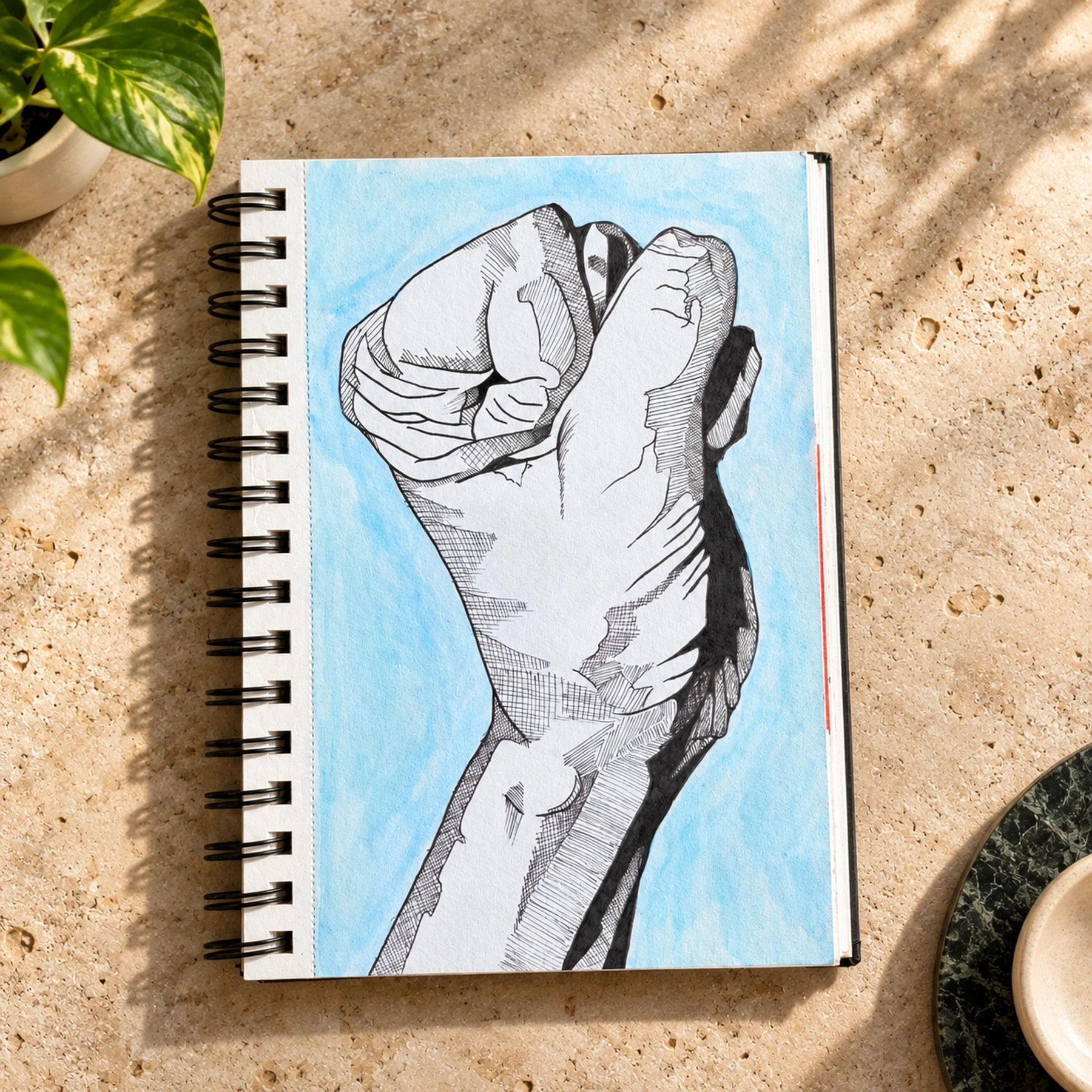 Detailed drawing of a clenched fist against a pale blue background.