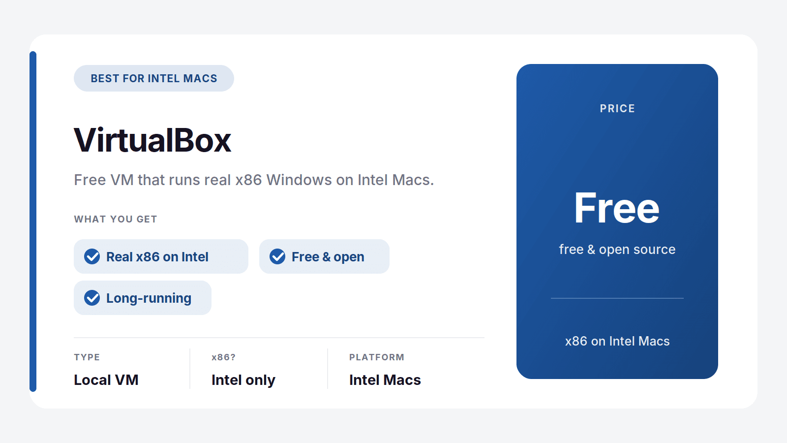 VirtualBox, a free Parallels alternative that runs x86 Windows on Intel Macs