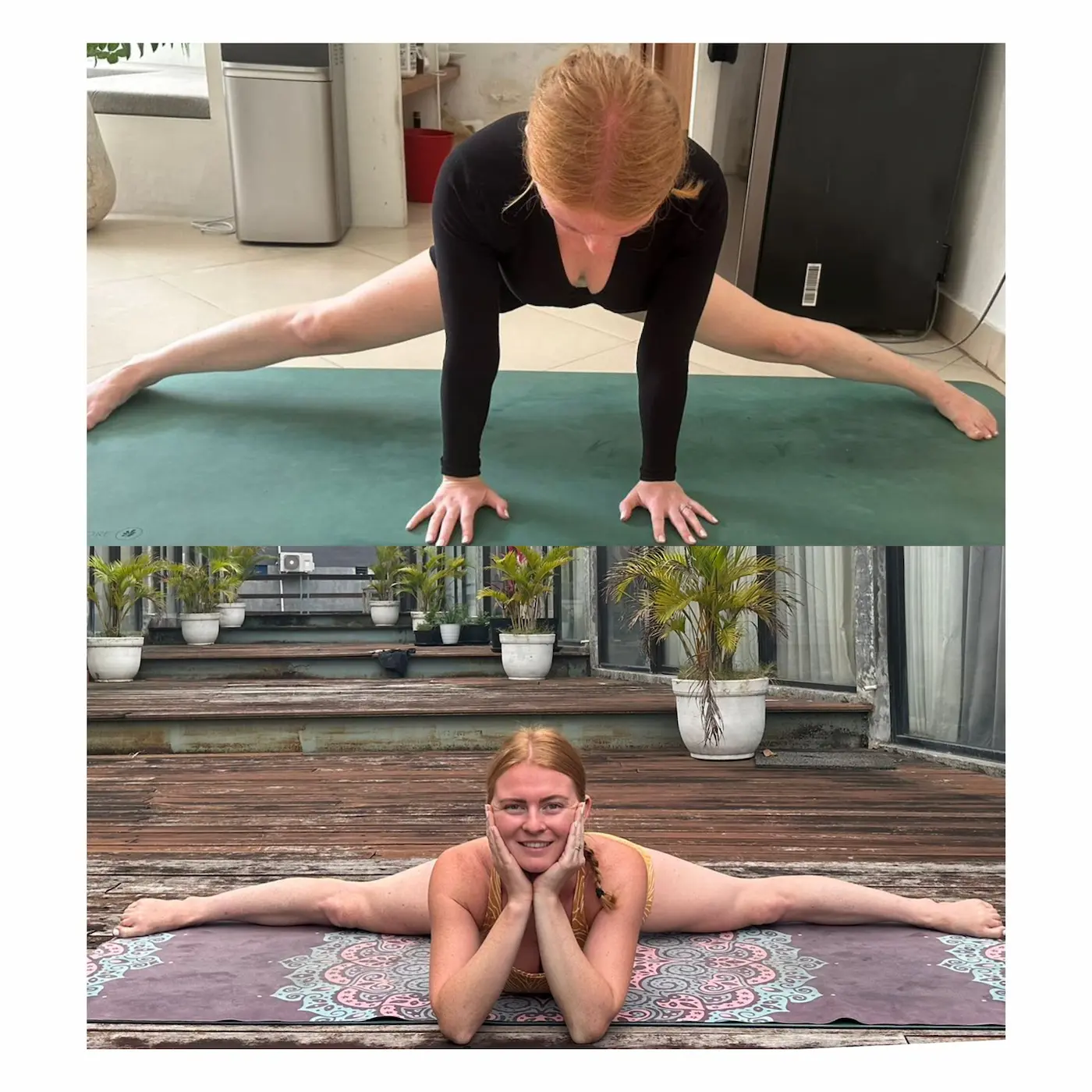 Before and after comparison of a student achieving full middle splits (Samakonasana) through alignment-based training.