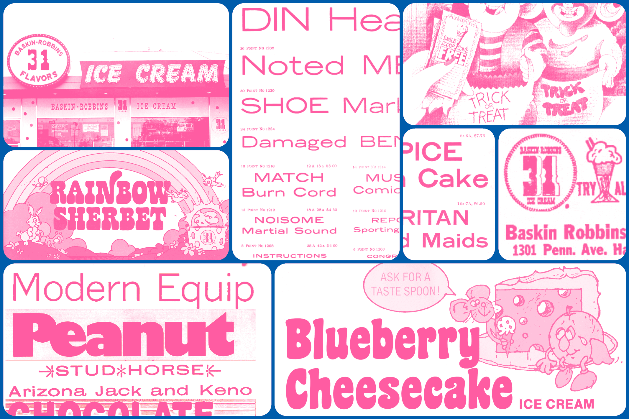 A collage of colorful recipe cards featuring various desserts like blueberry cheesecake and peanut butter treats.