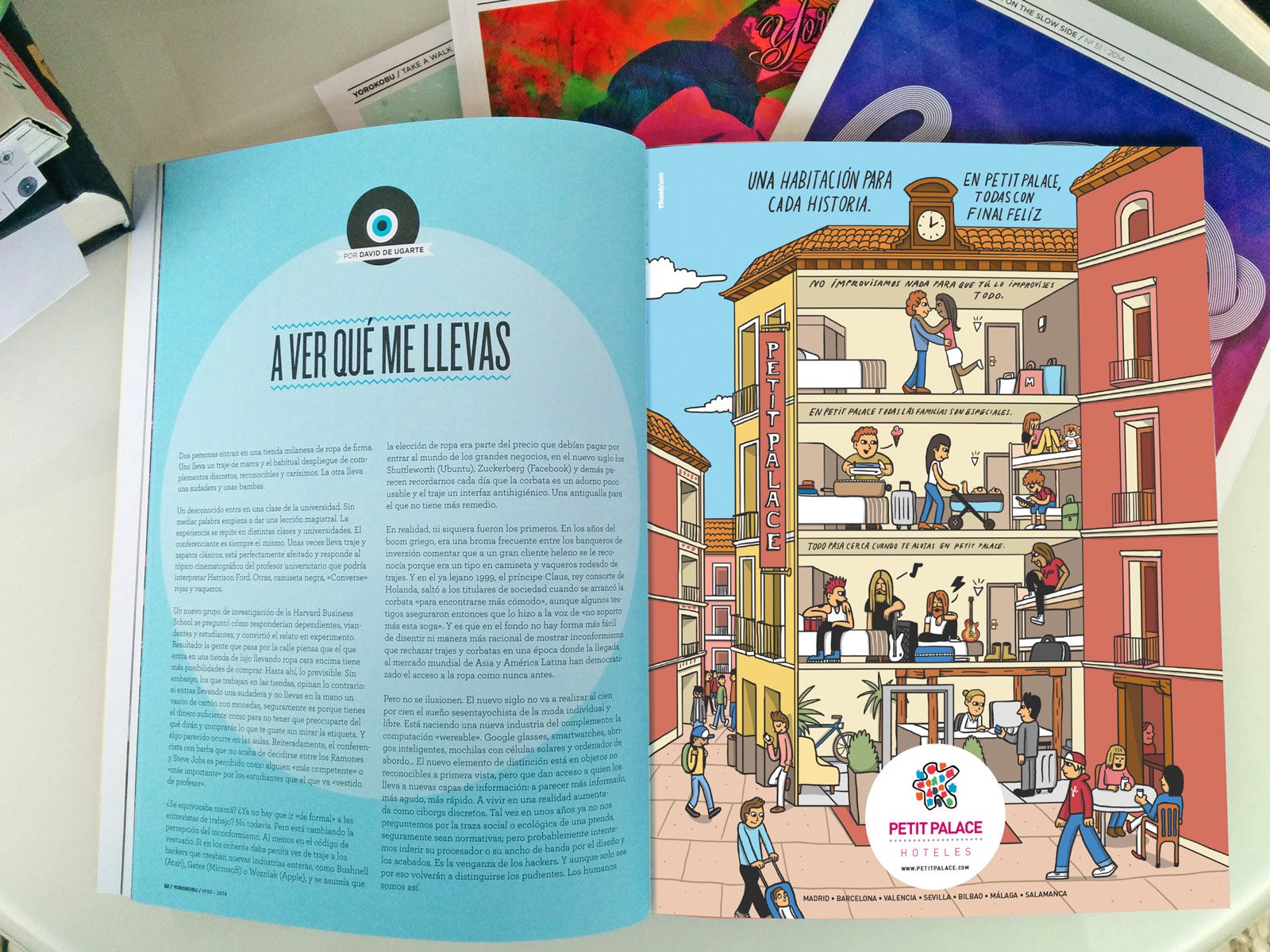 Revista abierta con artículo y anuncio de Petit Palace Hoteles, diseño vistoso y colorido.