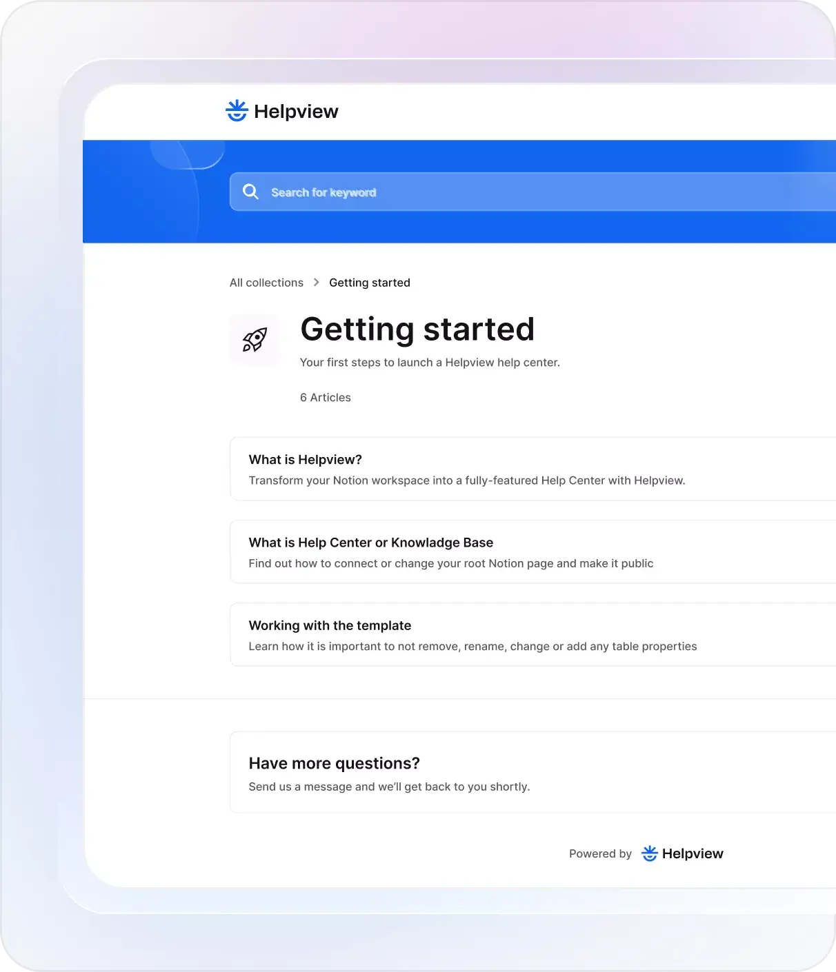 Helpview help center interface displaying articles synced from a Notion workspace.