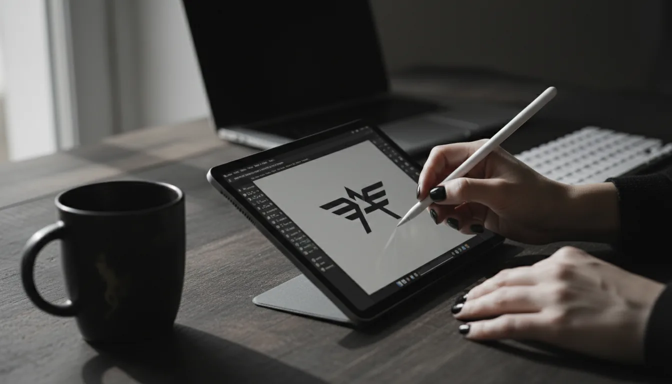 DSLR photography, close-up side angle of an artist's hands with black nail polish using a white stylus to draw a monochrome logo inside the Photoshop app on an iPad. The iPad rests on a dark, textured desk next to a black ceramic mug and a white keyboard. The lighting is soft natural daylight, creating deep shadows and a moody, cinematic contrast. The background with a laptop is out of focus, creating a shallow depth of field. Muted, desaturated color palette.
