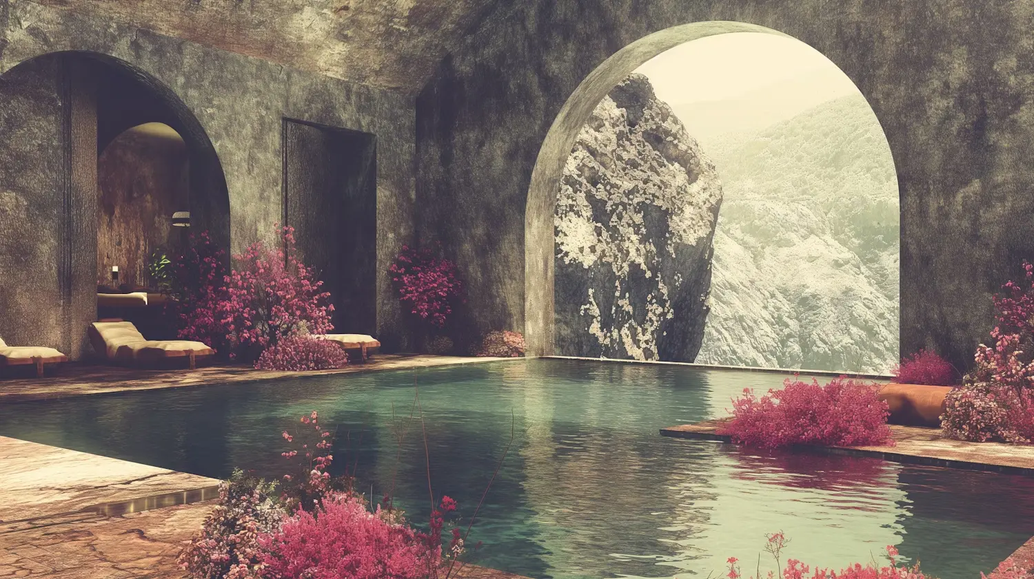 Indoor stone pool overlooking mountains with pink flowers.
