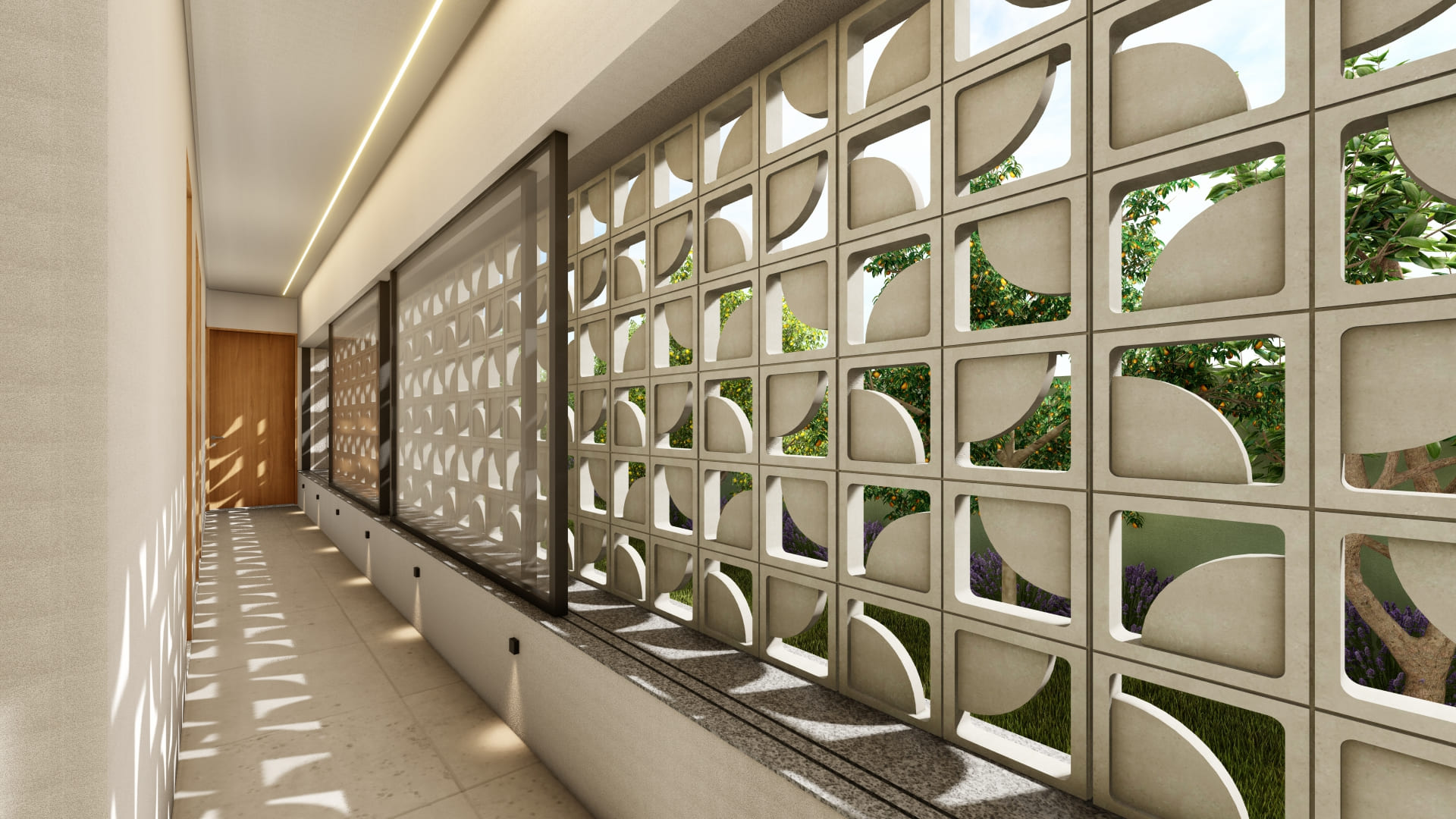 Nesse projeto, o destaque são os cobogós que percorrem a casa, inclusive o corredor. A sombra que eles projetam no piso muda conforme o sol e deixa o ambiente mais aconchegante.  Como complemento, a casa traz materiais naturais como a pedra e a madeira, que equilibram a composição e reforçam a conexão com a natureza.  Para a área gourmet, projetamos uma ilha de mármore, mesa redonda e aberta direto pro jardim, sendo uma área de lazer que se íntegra com a natureza. Inclusive, um detalhe é que a cozinha e o lado de fora dividem o mesmo teto de madeira.