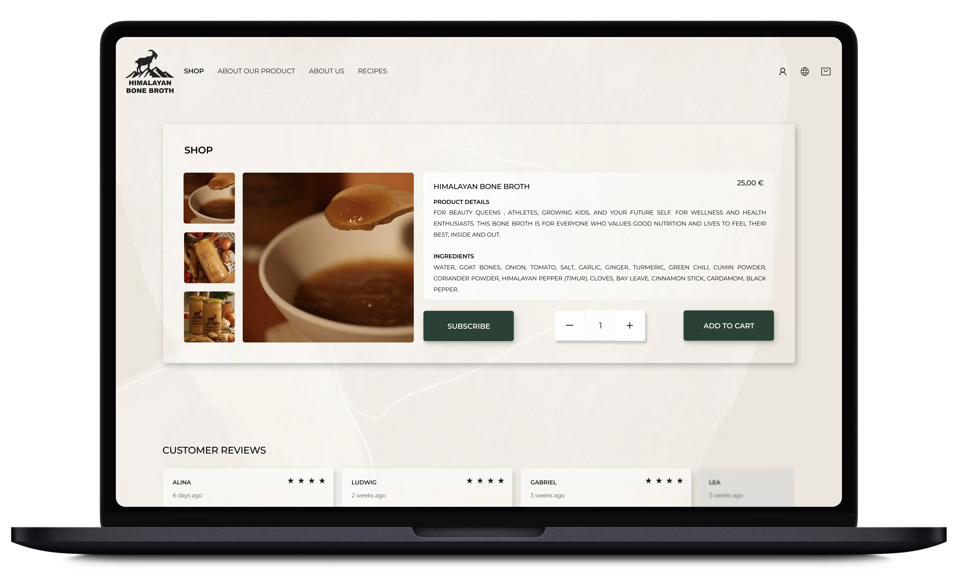Himalayan Bone Broth product page shown on a laptop mockup.