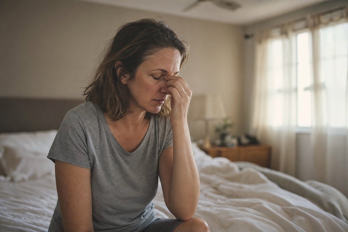 A woman sitting on the edge of her bed in a sunlit bedroom, pinching the bridge of her nose