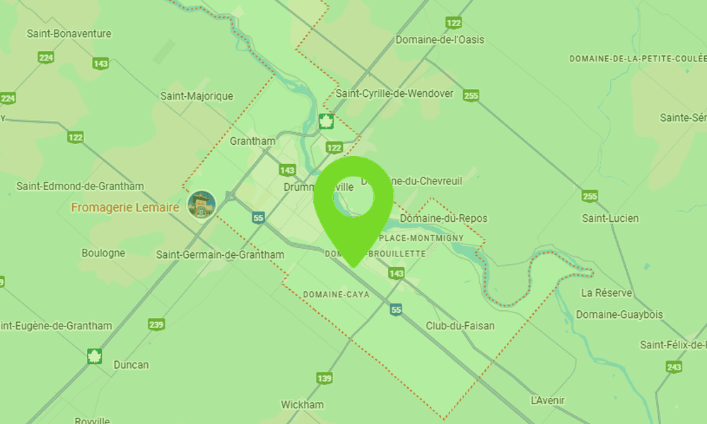 Carte montrant la zone de Drummondville étant desservie par B2Web, experts en sites web modernes et SEO-friendly