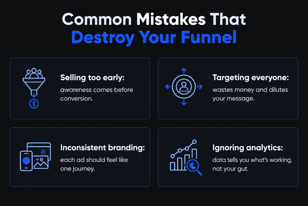 Infographic of mistakes that destroy a YouTube ads funnel: selling too early, targeting everyone, inconsistent branding and ignoring analytics