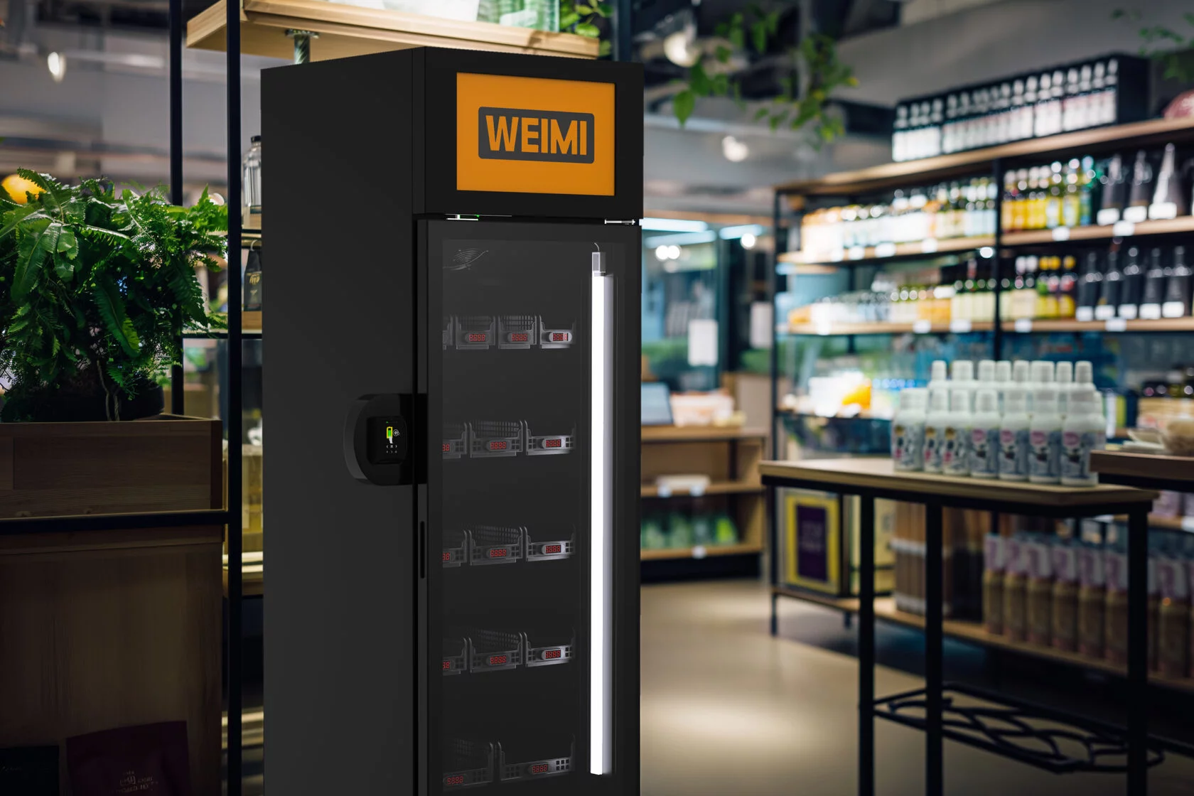 WEIMI pašapkalpošanās ledusskapis uzstādīts veikalā starp tirdzniecības plauktiem