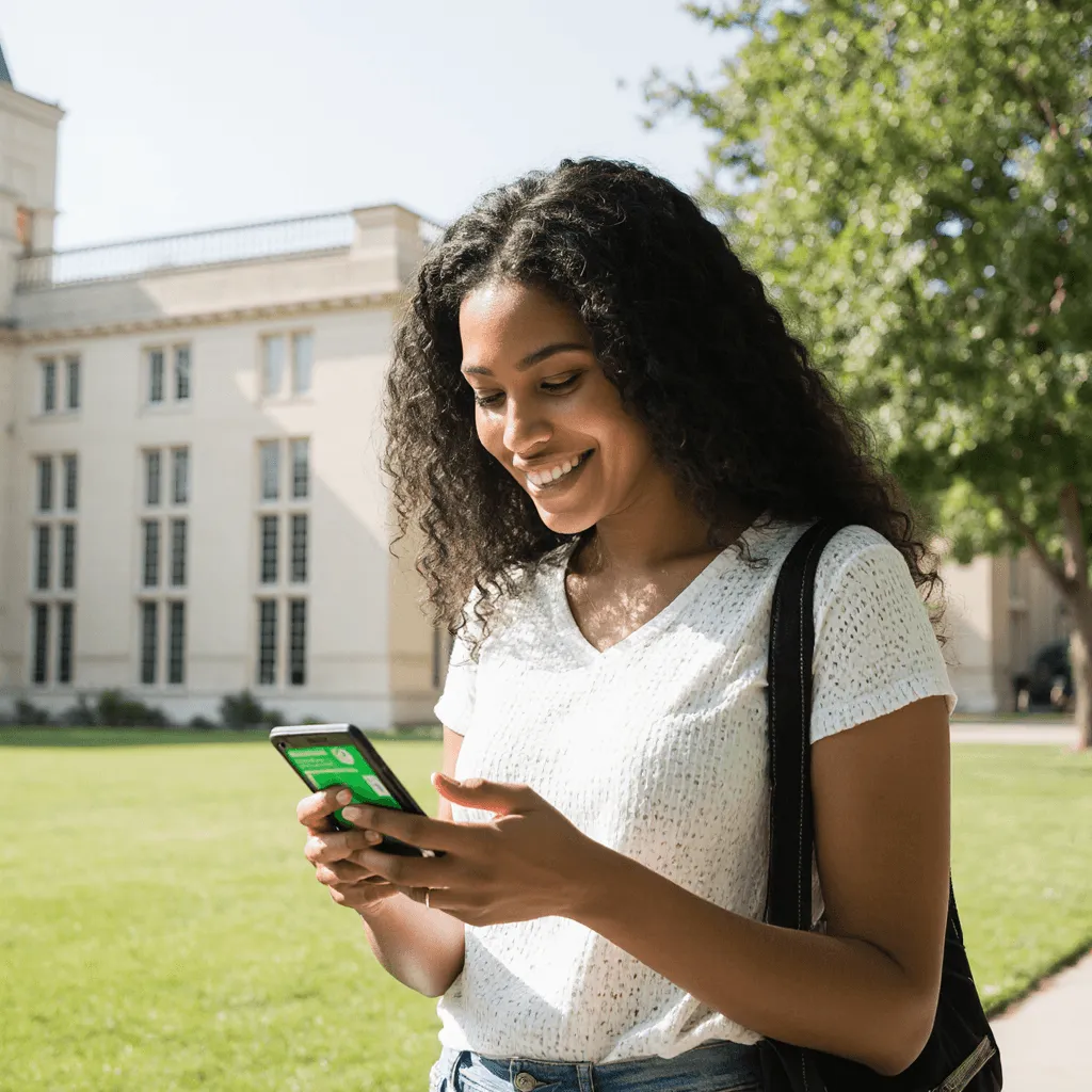 Glimlachende studente kijkt op haar smartphone op een zonnig campusterrein