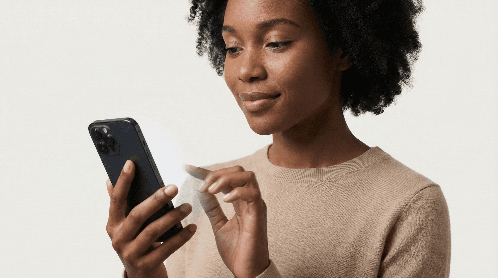 Pleasant Woman Viewing Fairplay Results on iPhone