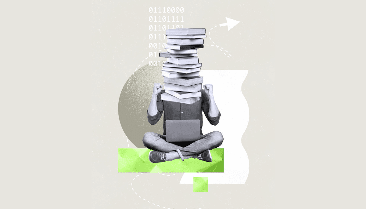 Illustration of a person with a stack of books for a head, sitting cross‑legged with a laptop, symbolizing learning GitPython and coding knowledge.
