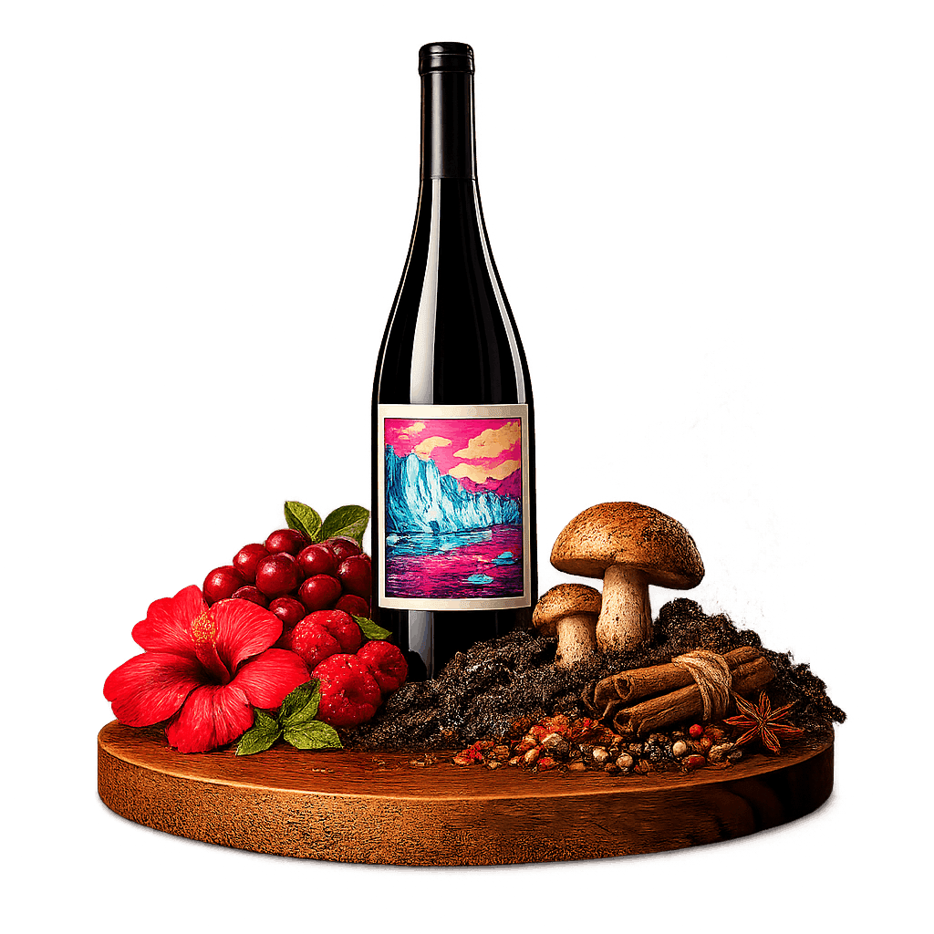 Artistic label and flavor profile for Argentinian Patagonian Pinot Noir on a rustic wooden table.