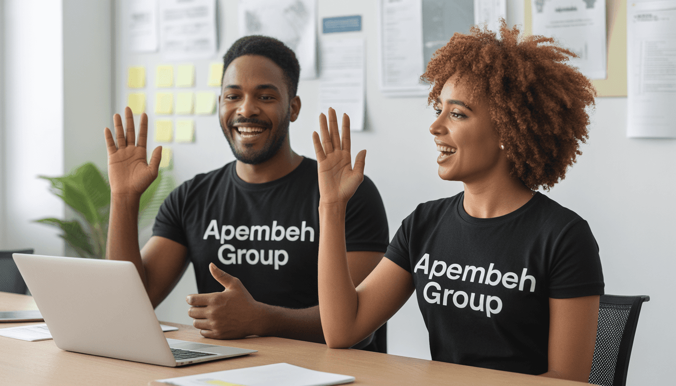 A man in a brown blazer and a woman in a light sweater sit at a desk with a laptop, discussing something. The room is dimly lit, creating a focused atmosphere.