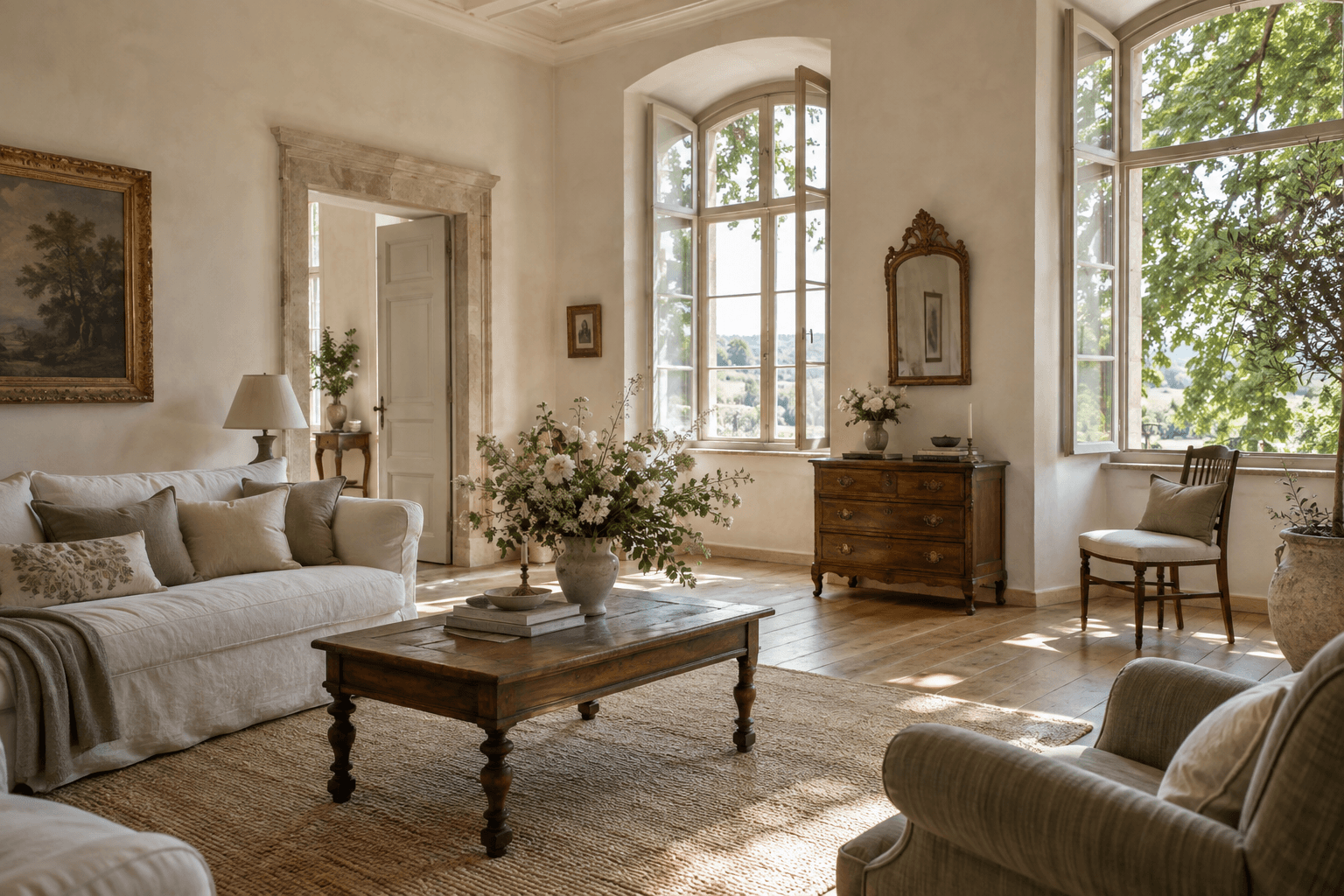 Helles Hofzimmer mit Leinenmöbeln und Gartenblick – KI-generiertes Demobild