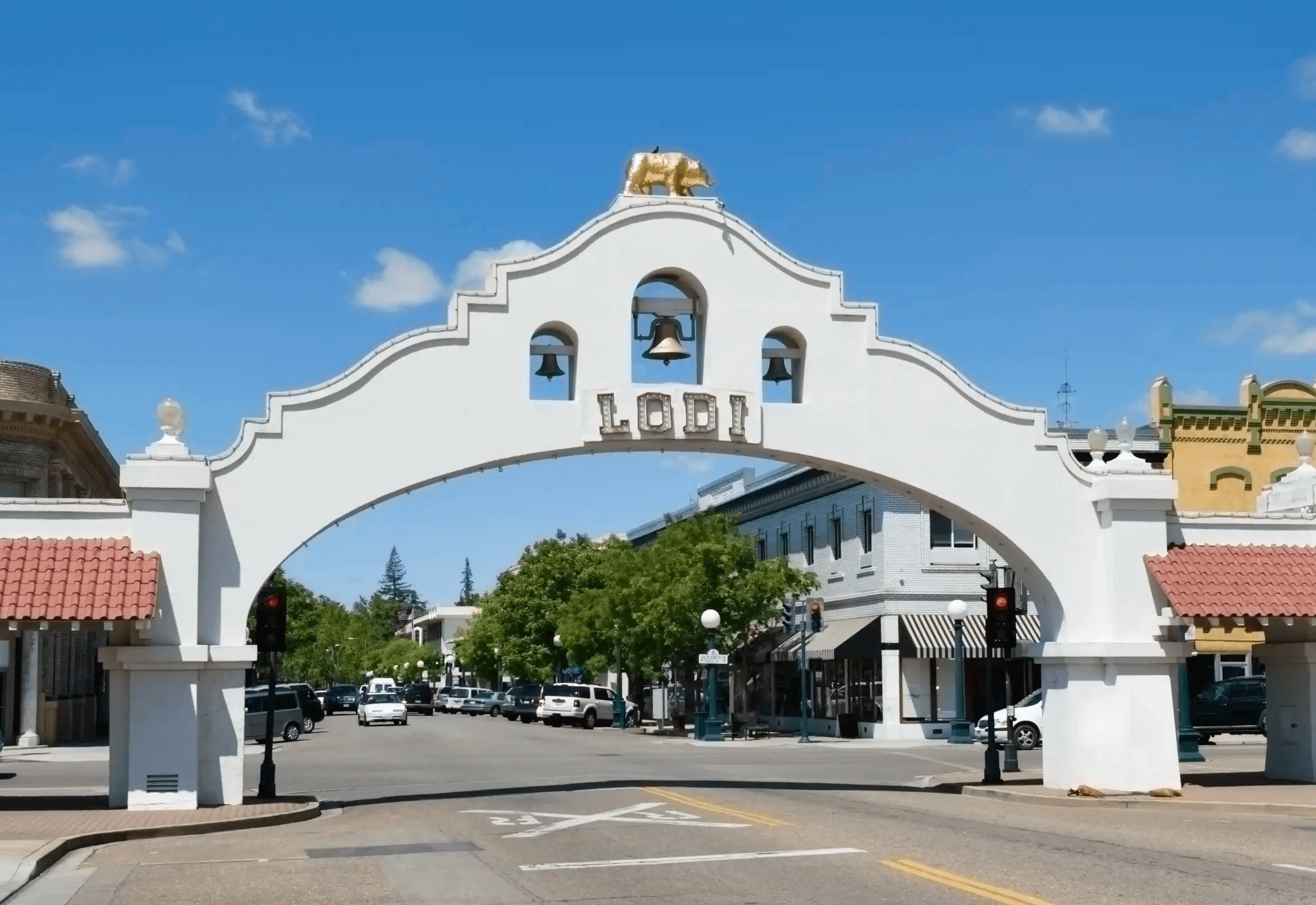 The historic Lodi Arch over a downtown street in Lodi, California