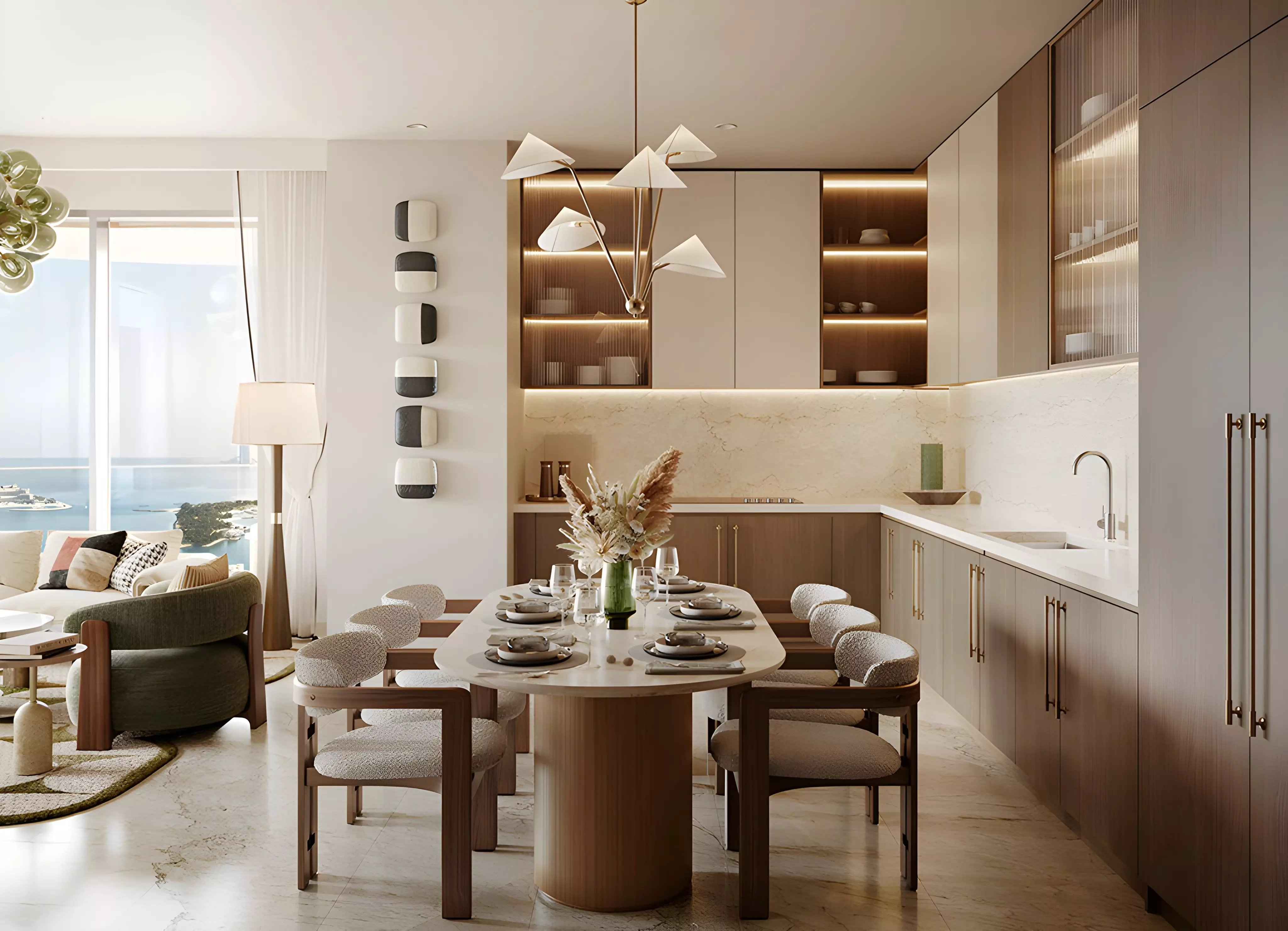 Modern kitchen and dining area with sea views in a luxury apartment at The Bristol, Emaar Beachfront Dubai