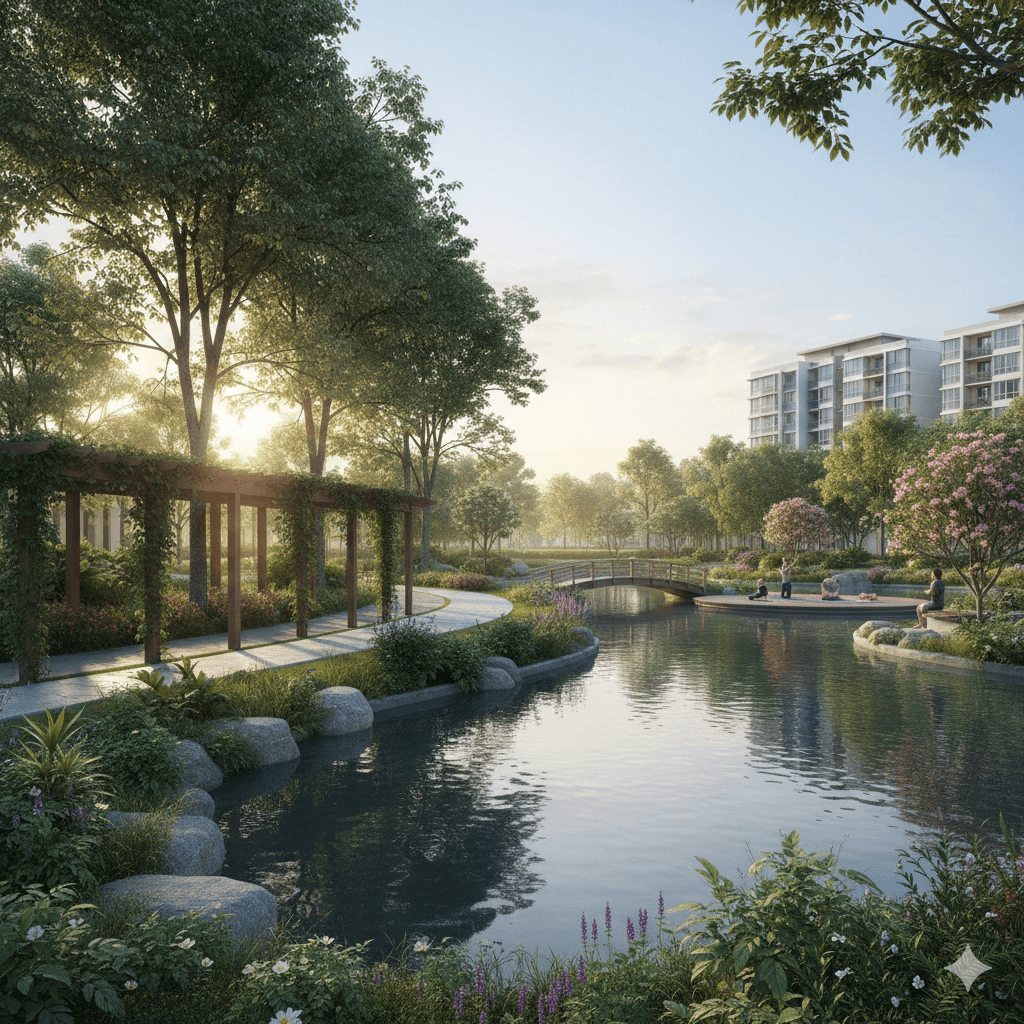 Manesar residential lake view; peaceful water body landscaping, luxury residential Gurugram.