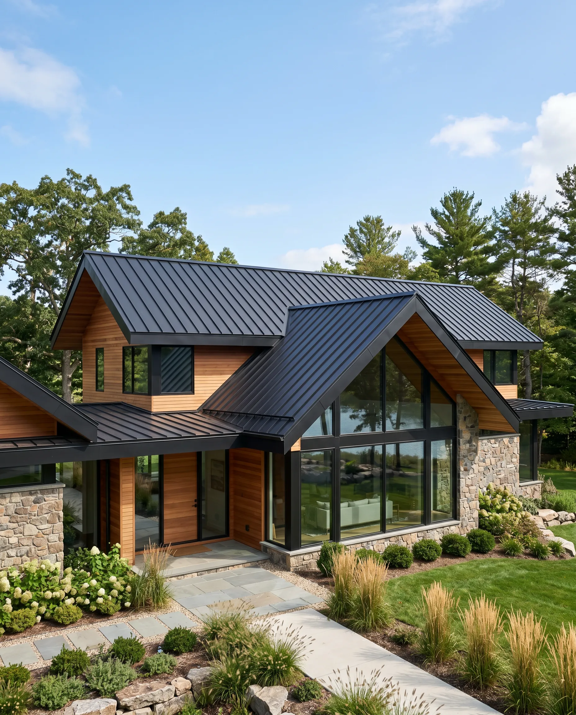 Modern wood, stone, and black roof house with large windows reflecting water.