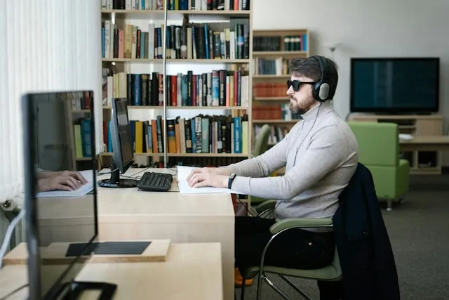 Person in headphones working through a checklist with callouts for focus, multitasking, and stress performance