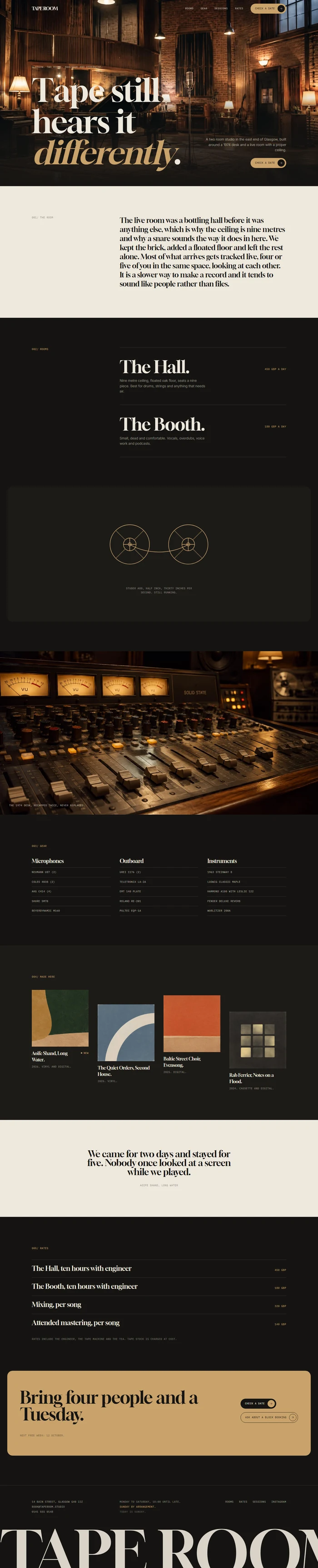 Full page of an AI-generated recording studio website with film title hero, room rates, gear index, records made there and a booking panel