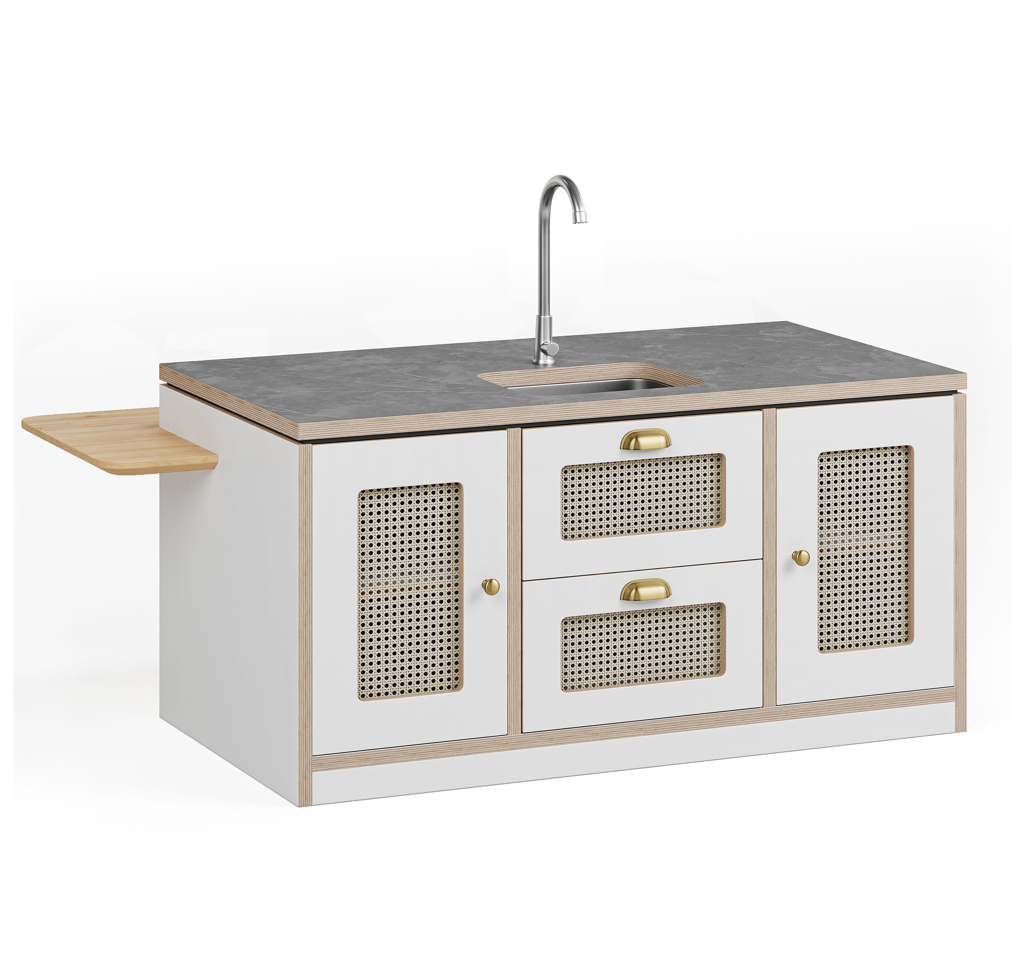3D render of kitchen island with sink, rattan cabinet panels, and wooden accents