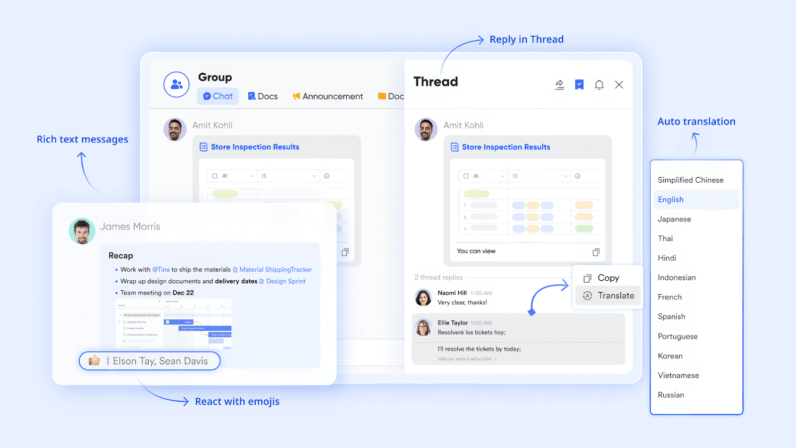 A team's communication with an organized chat thread