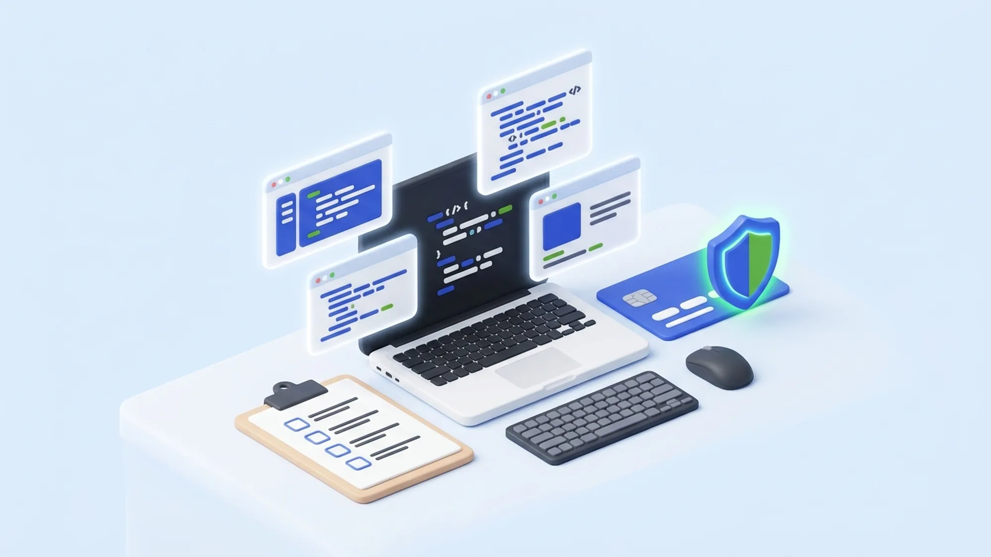 Illustration 3D d'un développeur web mauricien spécialisé fintech et conformité PCI-DSS