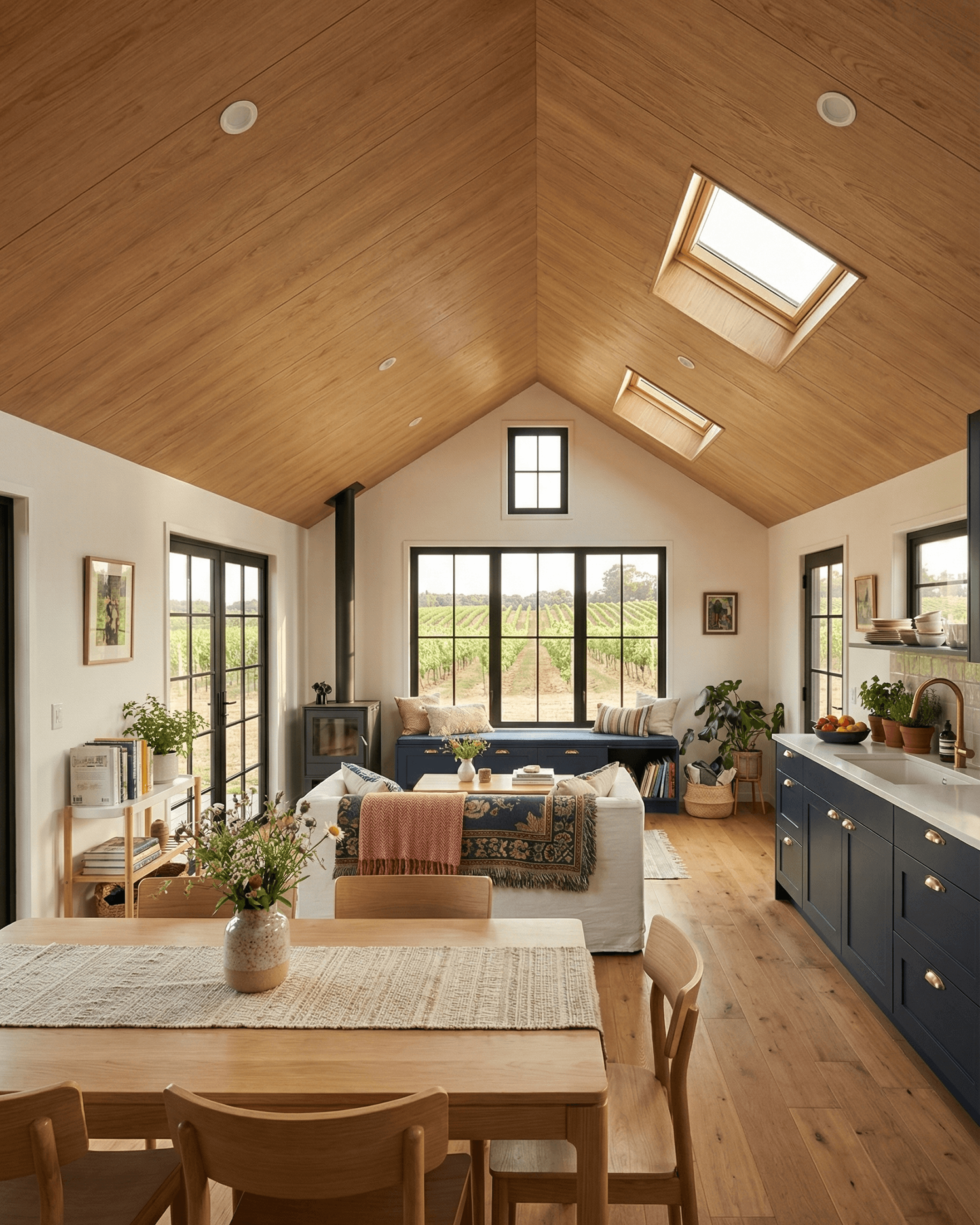 Open living and dining area in a cabin with vaulted wood ceiling, navy window bench, wood stove, blue kitchen cabinetry, and vineyard views through large windows.