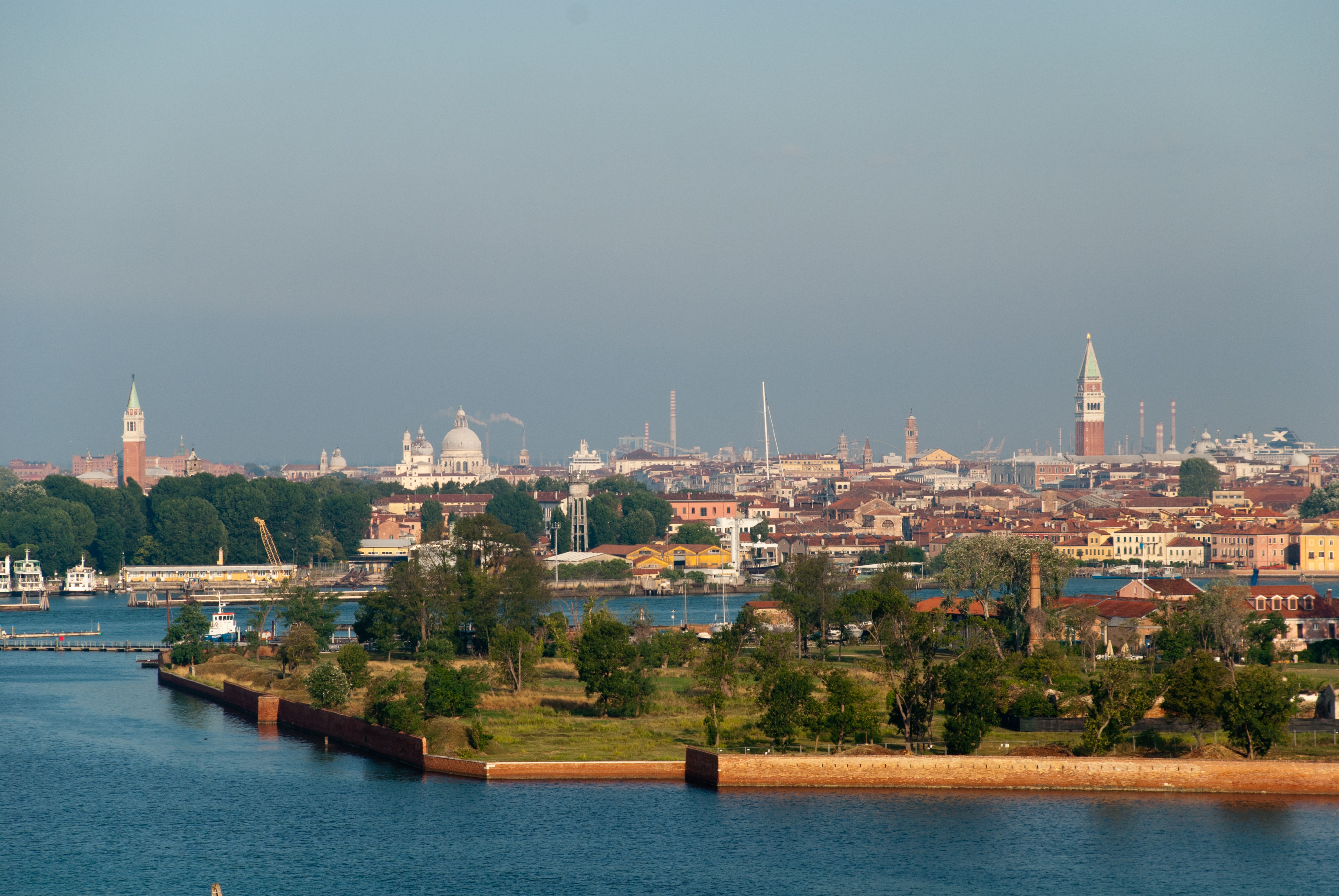 A view of Venice's famous skyline from the green and peaceful Isola della Certosa