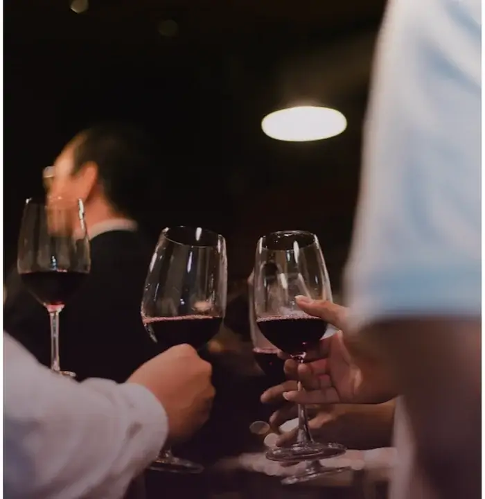 Two guests toasting with red wine at an ANNATA degustation dinner