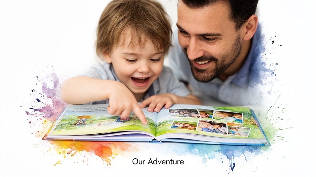 Happy father and young son looking at a personalized photo book with colorful illustrations.